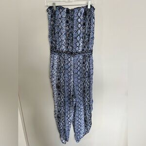 Bar III Blue Snakeskin Print Strapless Jumpsuit Women’s Large Split Seam Pants